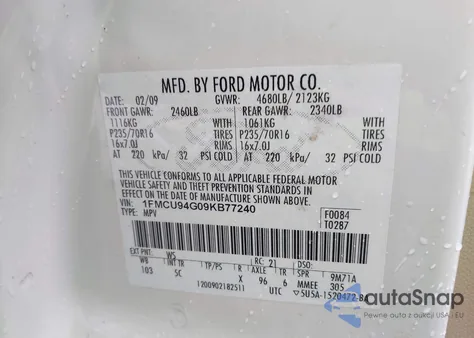 2009 Ford Escape Limited z USA, uszkodzony, nr VIN 1FMCU94G09KB77240